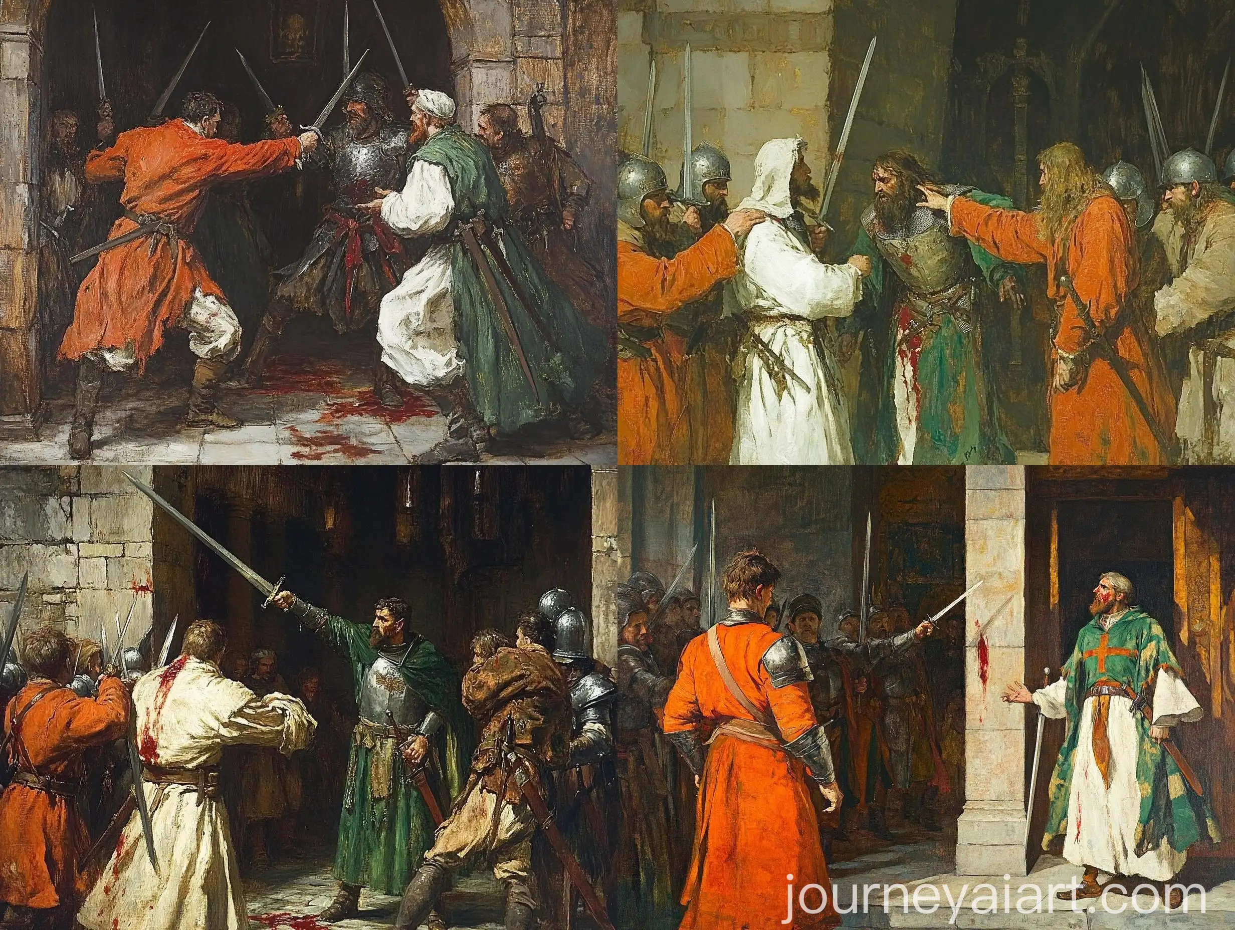 Medieval-Guards-Confronting-an-Elf-in-Armor-and-Priest-in-Bloody-Robes