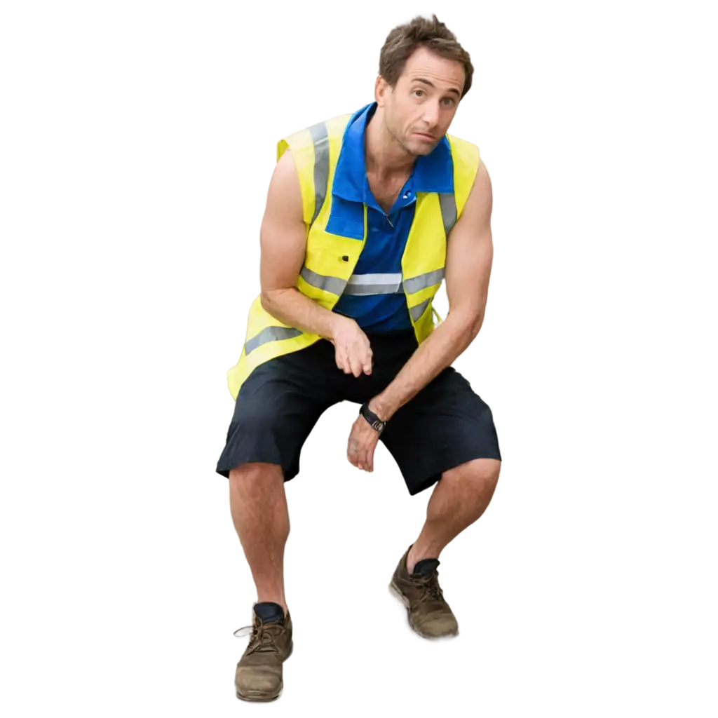 Realistic-PNG-Image-of-a-Man-in-Yellow-Vest-and-Black-Shorts-with-Blue-Dots-in-Squatting-Position