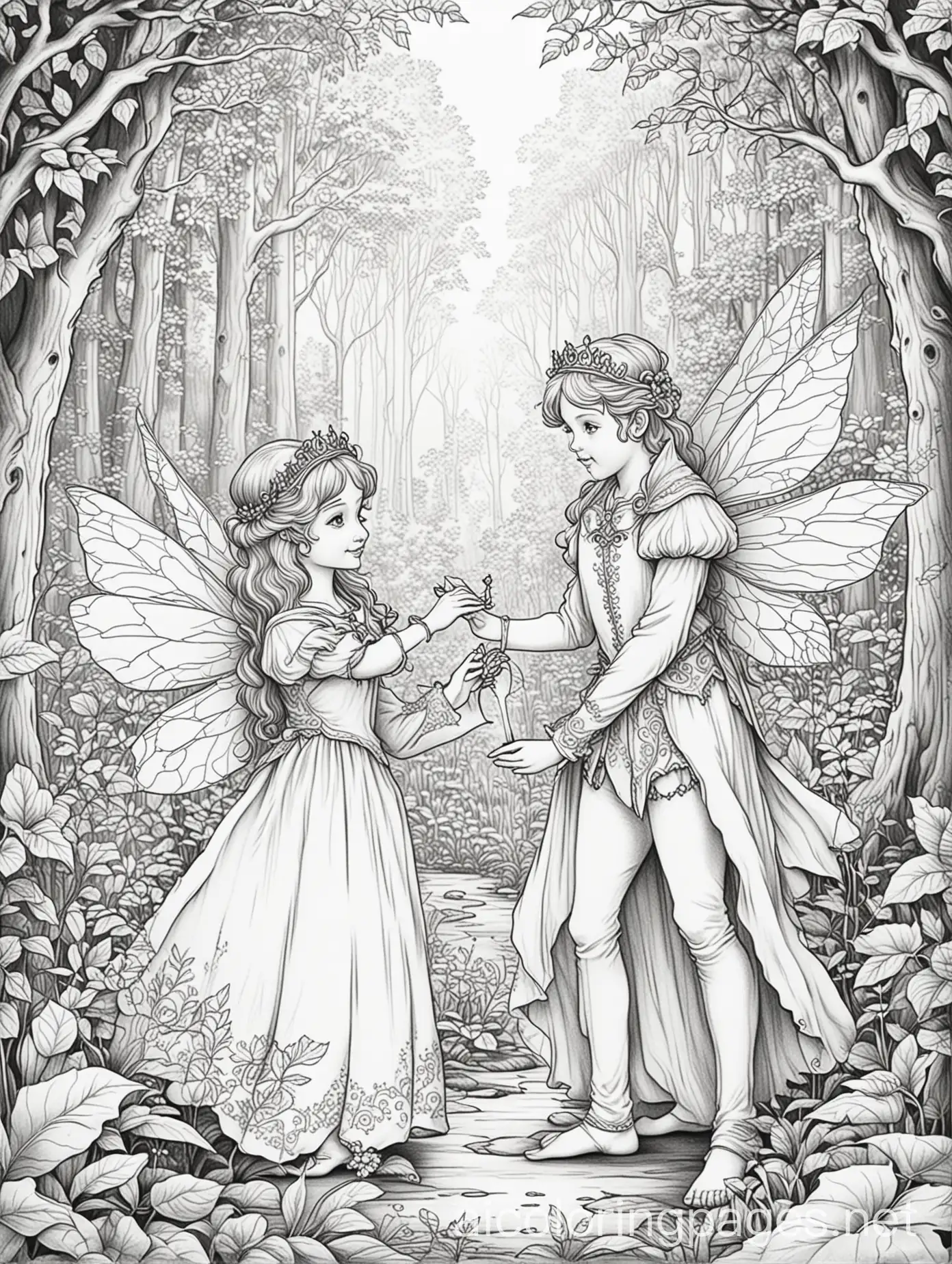 Princess-and-Prince-Fairies-Holding-Hands-in-Whimsical-Forest-Coloring-Page