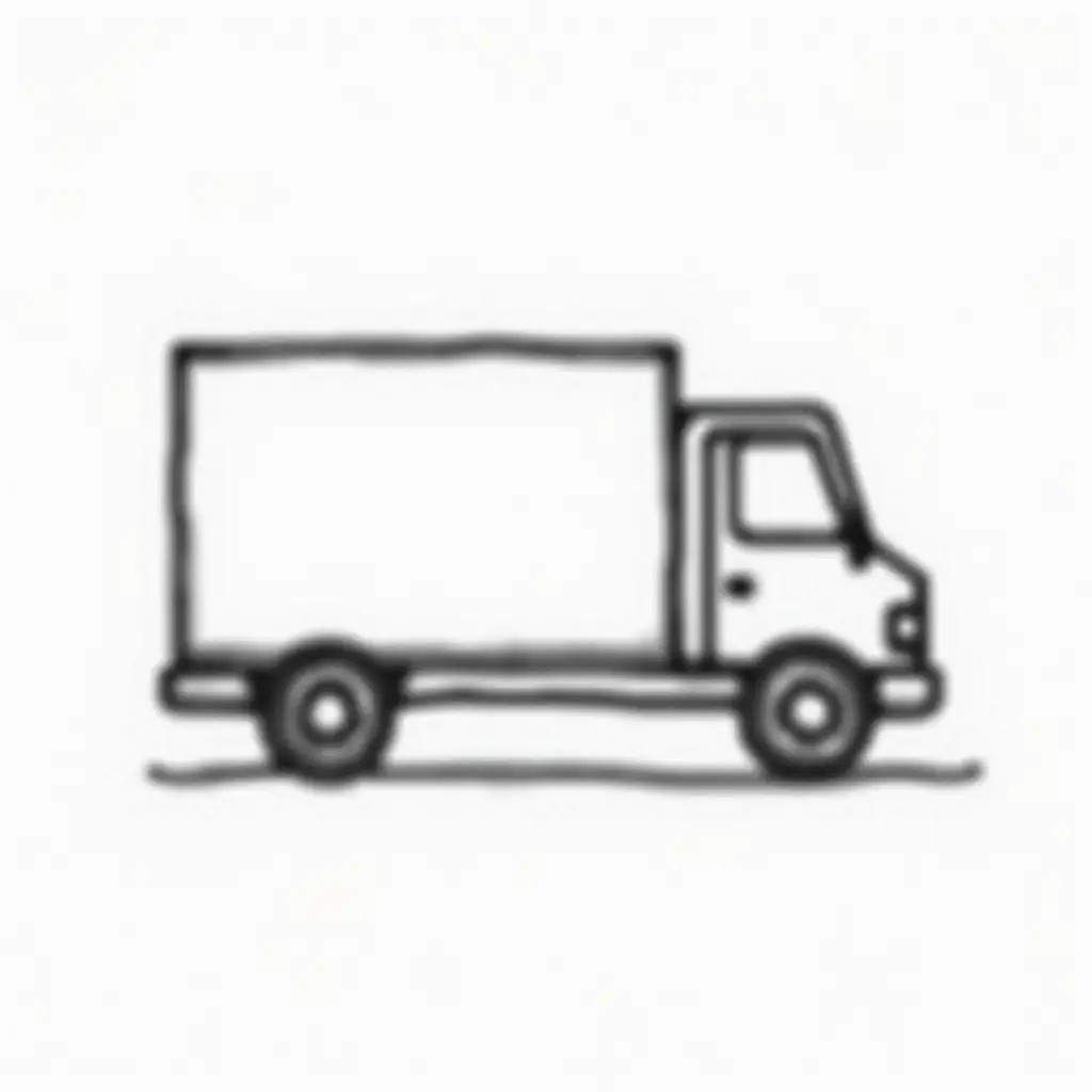 Simple drawing, minimum detail of a delivery truck the simplest, in black and white. With a stroke