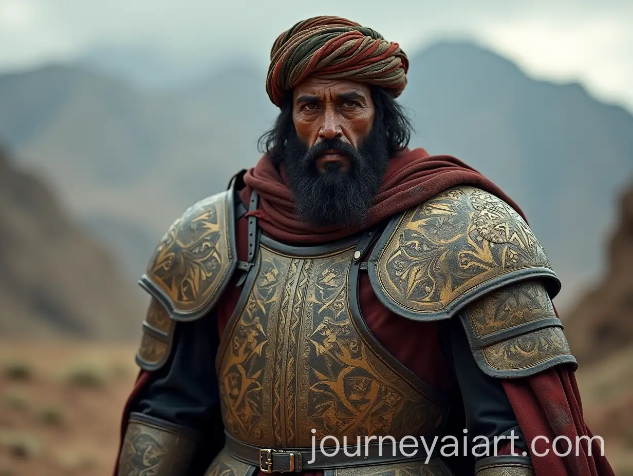 Afghan-Warrior-in-Ornate-Armor-on-Mountainous-Battlefield