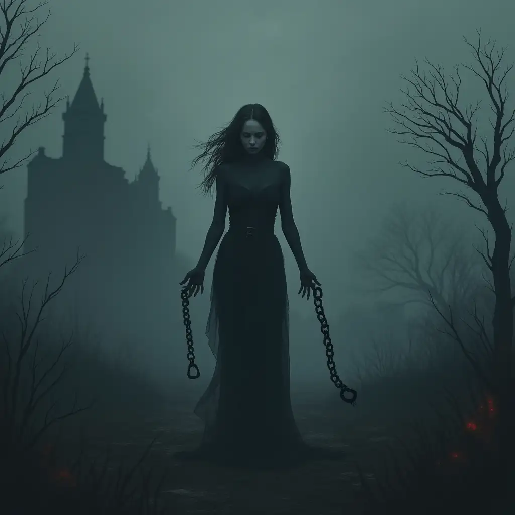 Draw a hauntingly beautiful image that captures the emotions of heartbreak, liberation, and empowerment: nImage: A solo female figure standing in a dimly lit, misty landscape, with a ruined or abandoned building in the background. nExpression: Her face could be contorted in a mix of pain, anger, and determination, conveying the emotional turmoil of the song. nPose: She should be standing with her arms outstretched, and holding a broken chain/shackle, symbolizing her break free from toxic love. nColor palette: Muted, dark tones such as blues, greys, and purples could dominate the image, with hints of fiery reds or oranges to represent passion and empowerment.