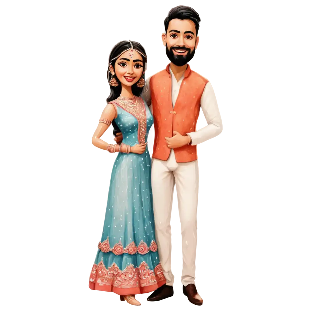 Vibrant-Sangeet-Caricature-of-Bride-and-Groom-PNG-Image-for-Festive-Celebrations