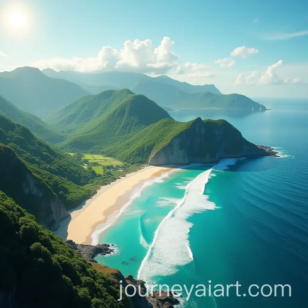 Aerial-View-of-an-Idyllic-Tropical-Beach-with-Lush-Islands-and-Rolling-Waves