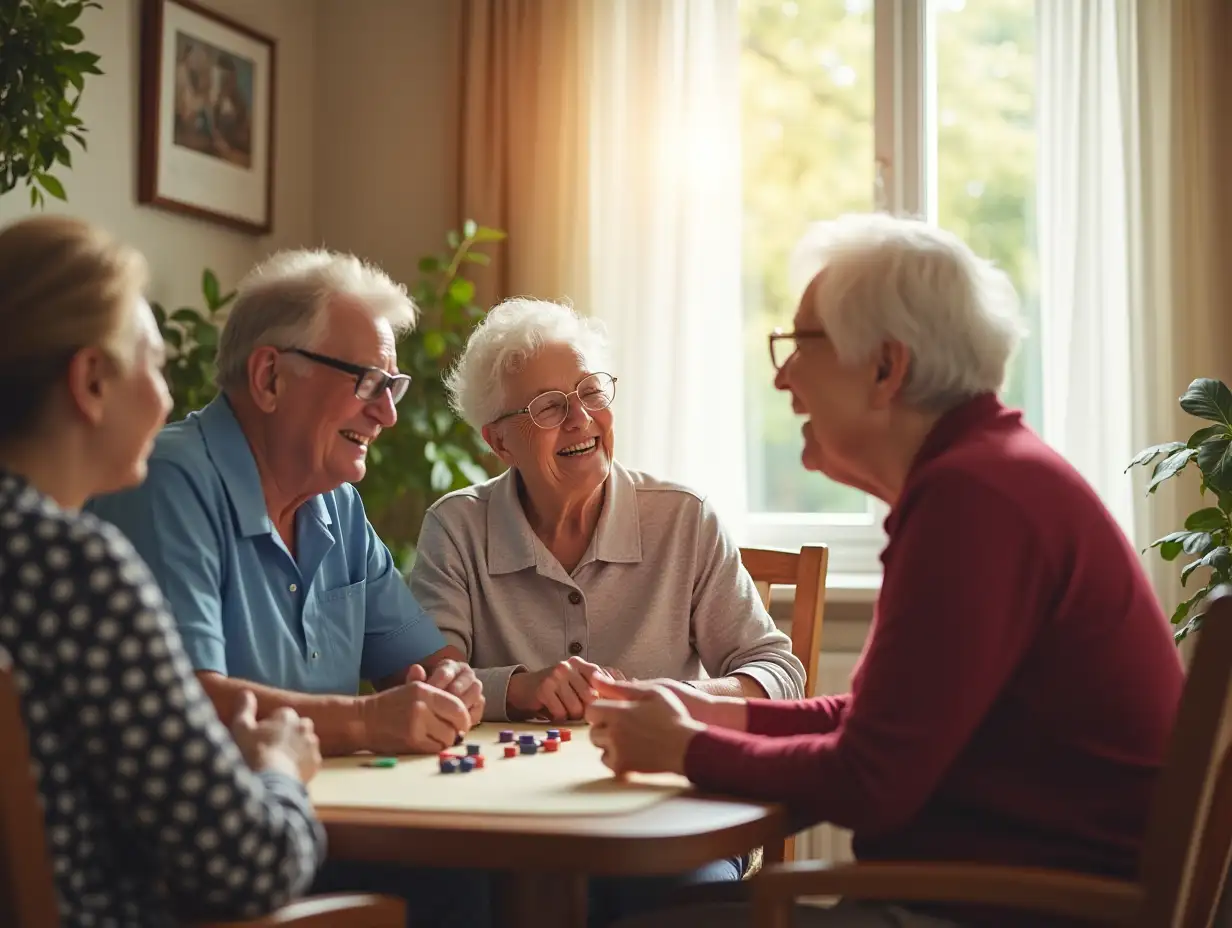 happy elderly people and a geriatric nurse in a welcoming retirement home, playing parlor games, sunlight through the window