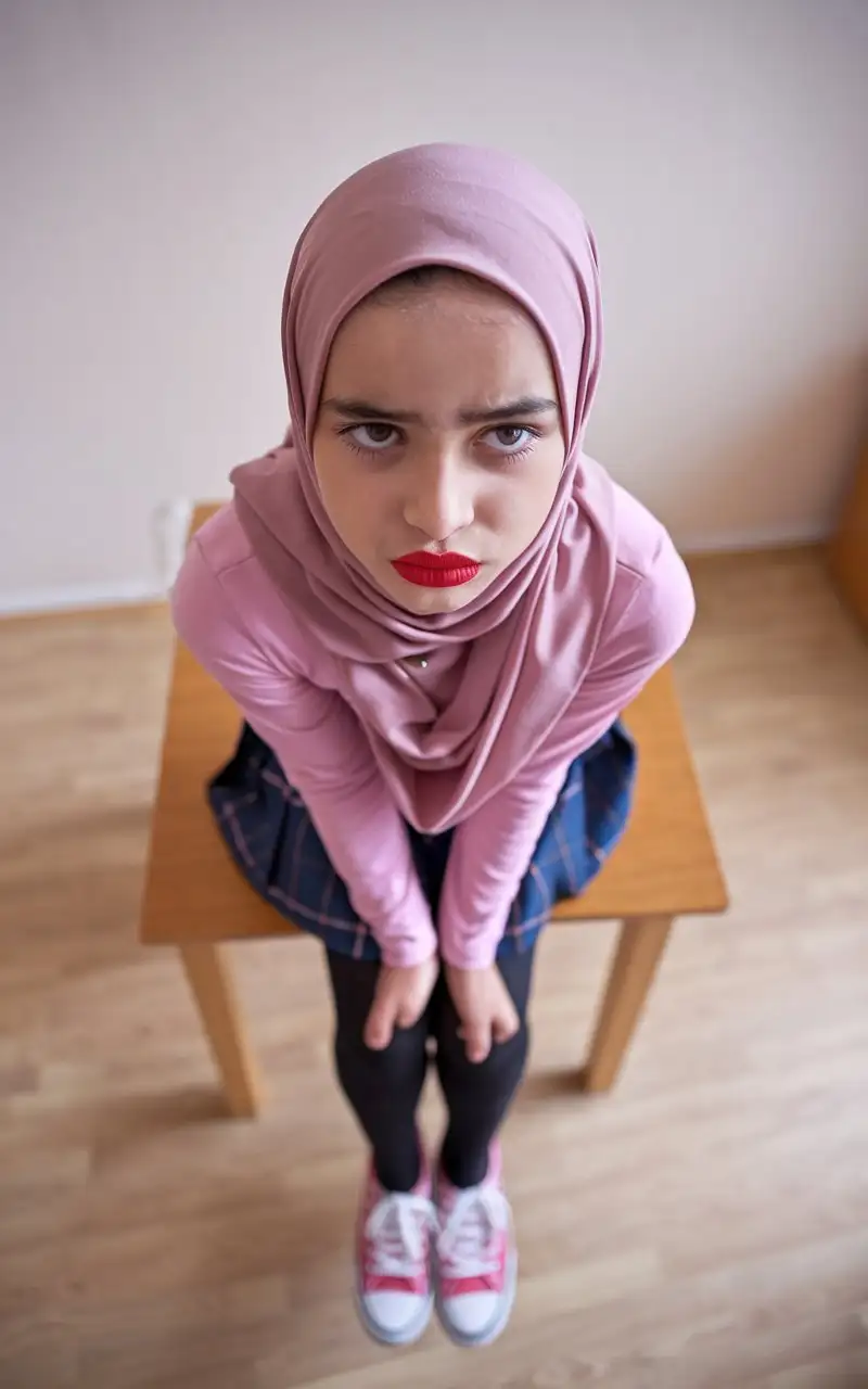 14YearOld-Girl-in-Pink-Top-and-Hijab-Sitting-Elegantly-at-a-Wooden-Table