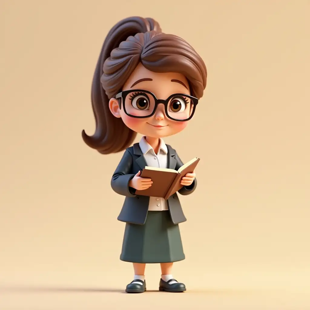 A FEMALE TEACHER, 3D CARTOON STYLE, NICE AND CHEERFUL, SMALL AND CHUBBY, WITH GLASSES, with a book in hand