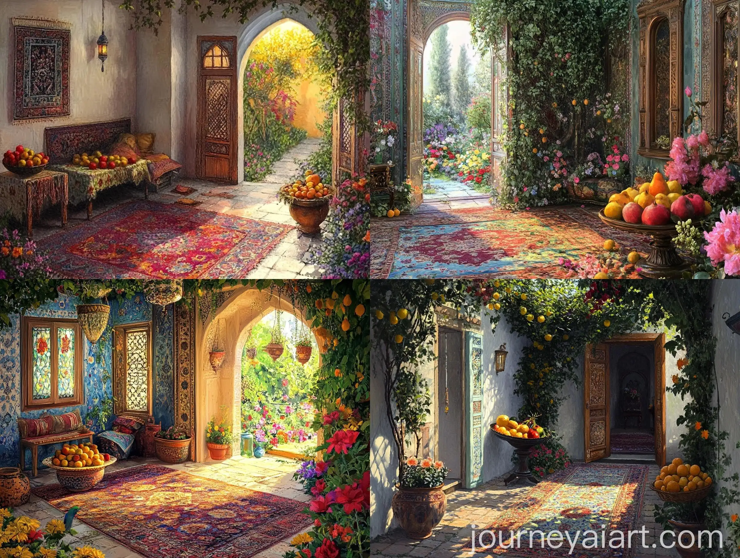 Historical-Persian-House-Interior-with-Summer-Fruits-and-Garden-at-Sunset