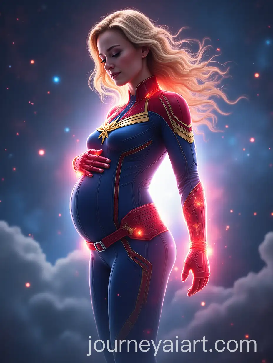 Pregnant-Captain-Marvel-Floating-in-Cosmic-Energy-with-Starry-Background