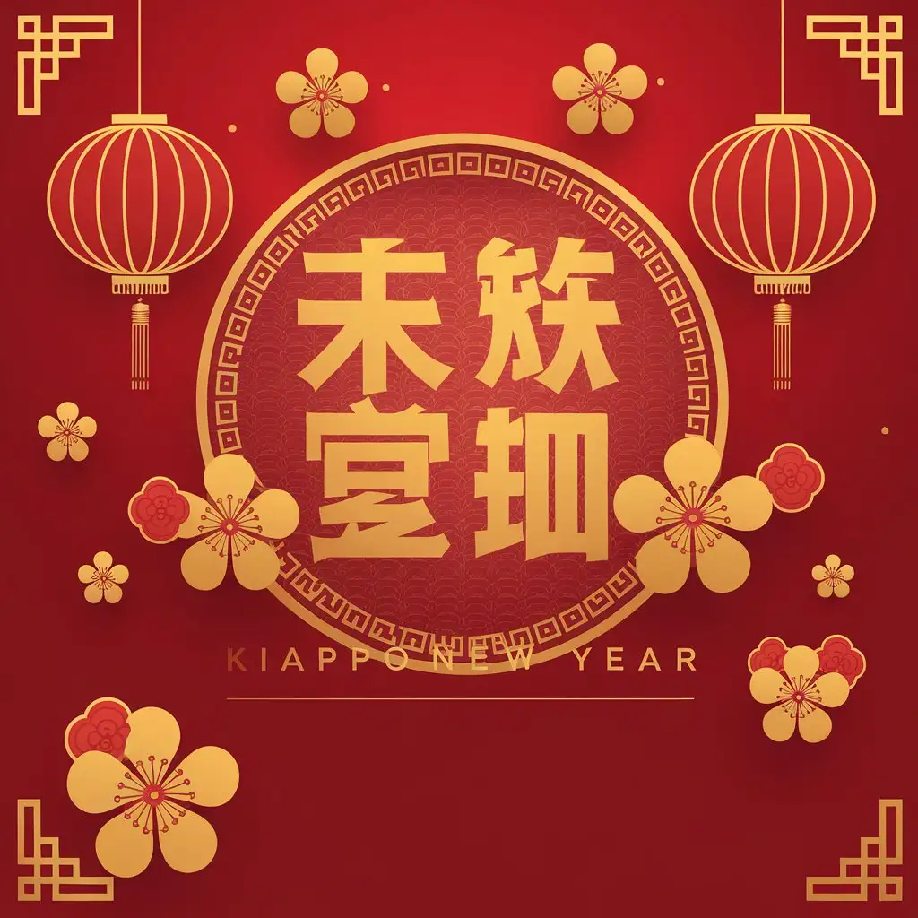 Chinese New Year poster, red background, paper lantern decorations, no need for cartoon animals. Just the lamp and flower is enough. Leave space below to write.