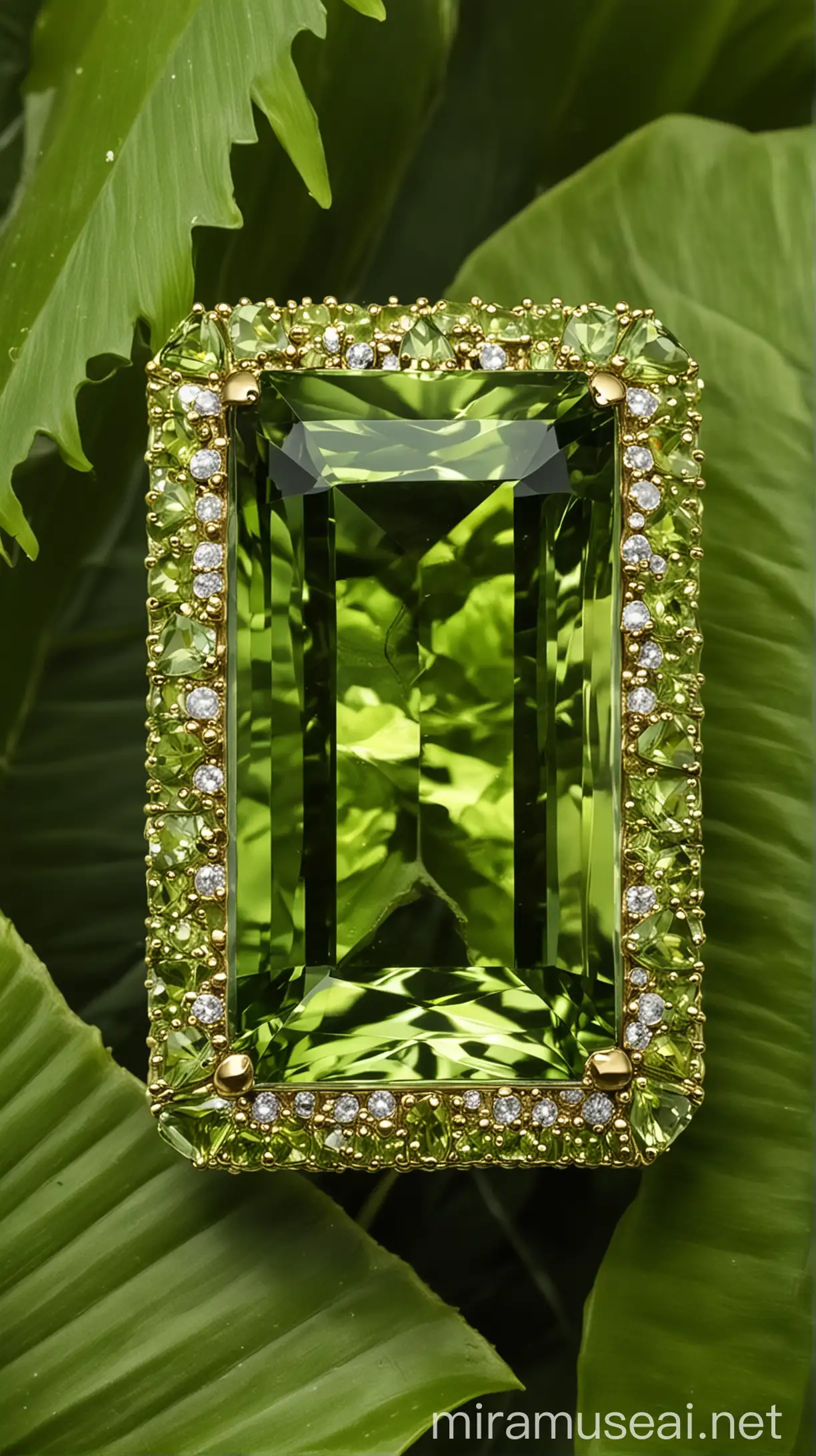 Lush Green Tropical Plants Surrounding Rectangular Peridot Gemstone