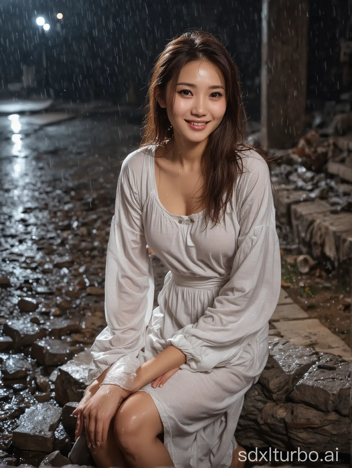 Chinese-Woman-in-Wet-Dress-Sitting-on-Stone-During-Winter-Night-Rain