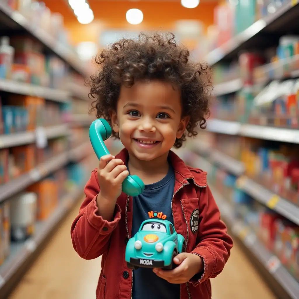 A little boy with cute curly hair is standing in a toy store, holding a phone with the words 'Noda' written on it. The little boy is smiling and holding a toy car.