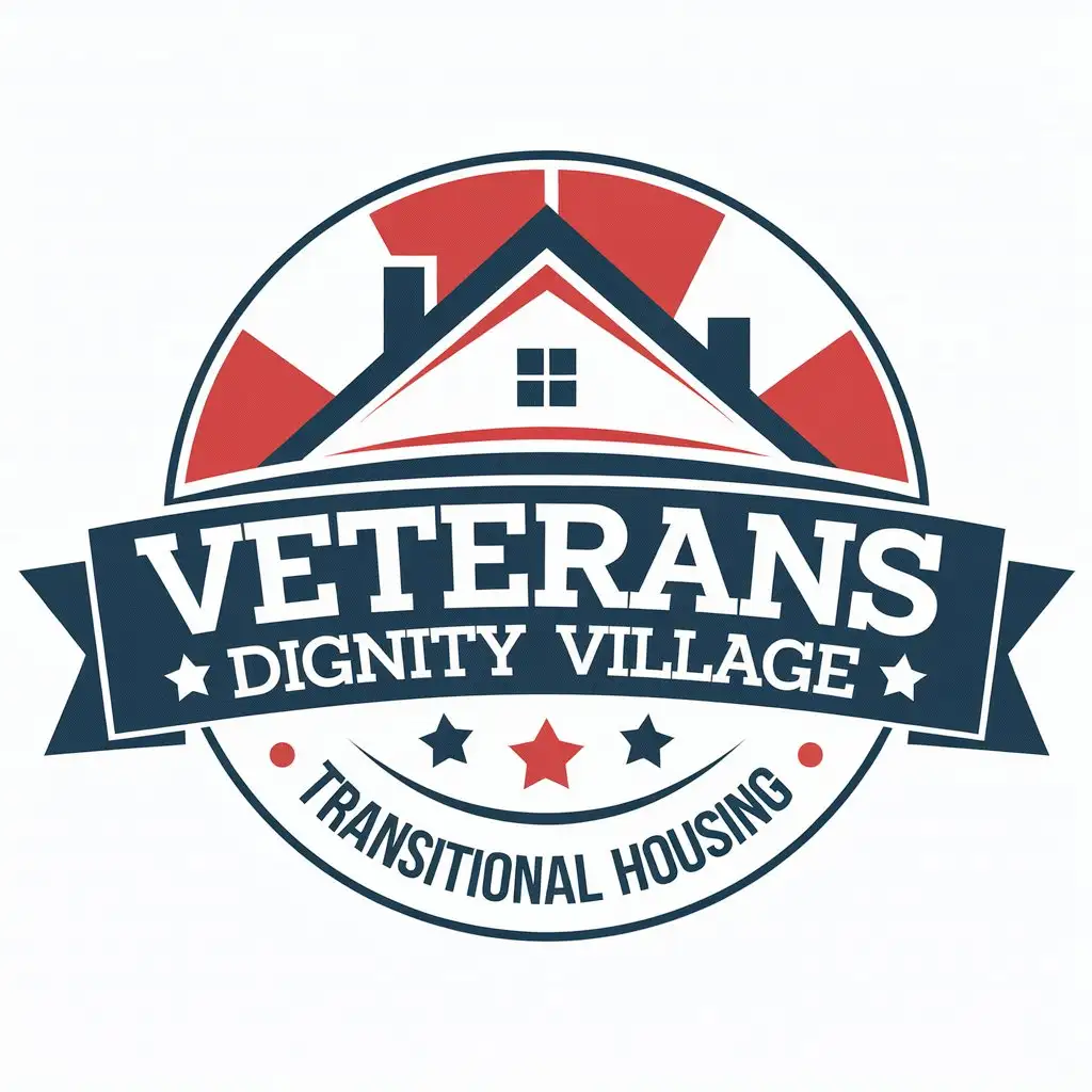 LOGO Design for Veterans Dignity Village Red White Blue House Roof Symbol Inside a Circle with Transitional Housing Slogan