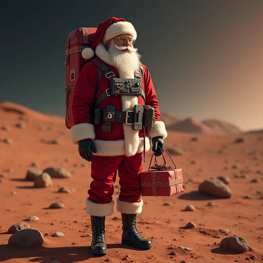 santa claus in a santa suit spacesuit on the planet mars holds a gift in his hand. photorealistic