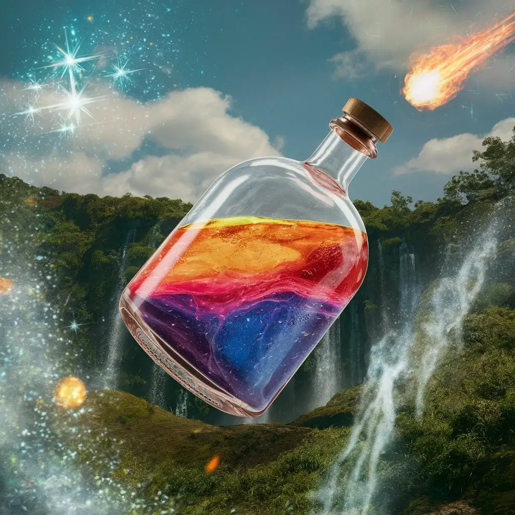 3D-Special-Effects-Bottle-Floating-Against-Nature-Backdrop