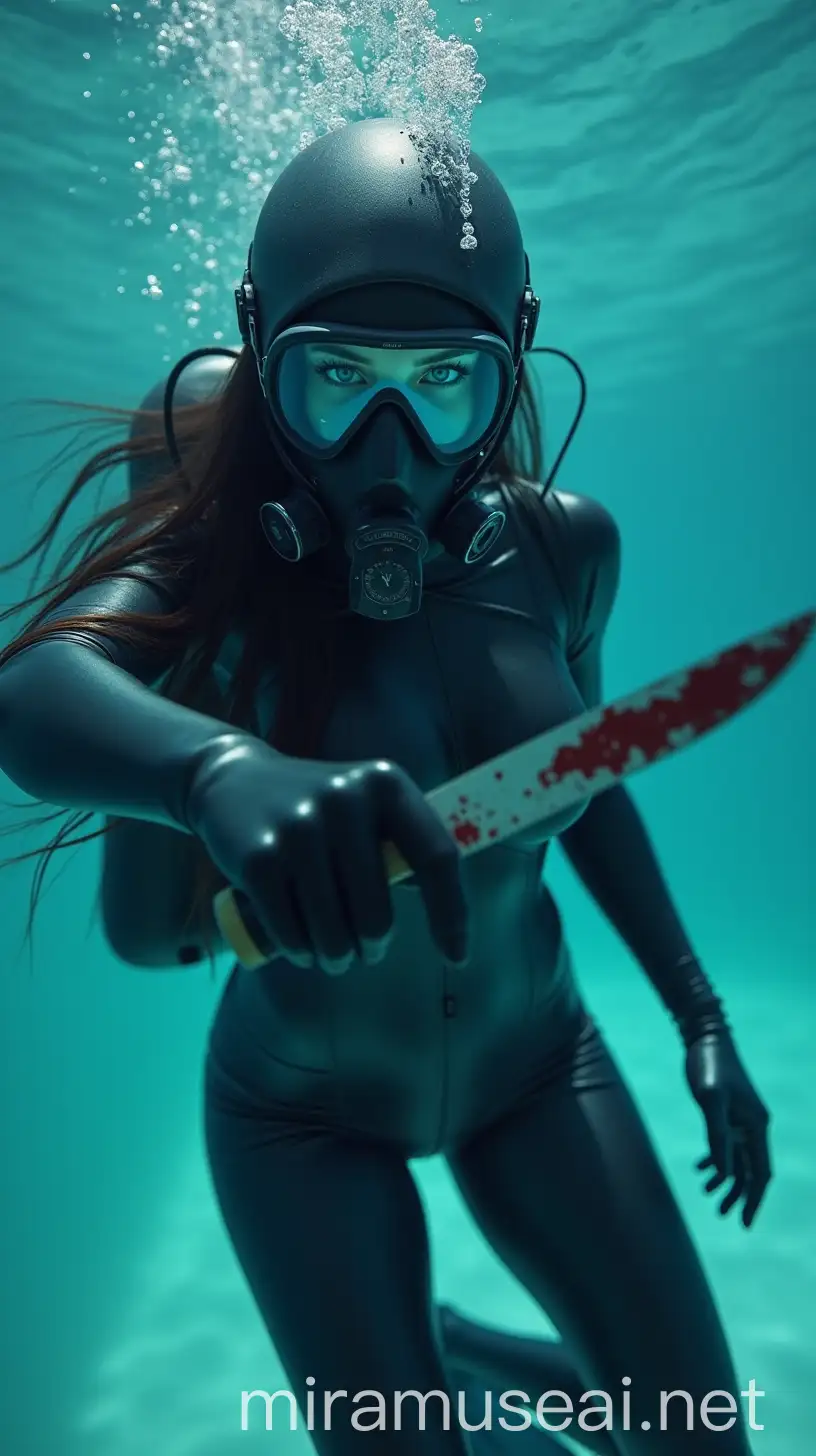 A POV image portrays a curvy teenager (18 years old) assassin dressed with a sleek diver form-fitting, glossy dark grey bodysuit with matching gloves, emphasizing agility and streamlined movement, she is floating underwater. The suit has a shiny, reflective texture, indicating a specialized material suited for underwater missions. She wears a full-face helmet with a single light blue visor, hiding her face, giving her an intense, focused appearance and adding a sense of mystery. She holds a blood-smeared knife covered with blood in her gloved hand, poised as though she’s advancing toward the viewer, creating a sense of immediate tension. Her long, dark hair flows around her in the water, drifting gently with the current, adding an eerie, ethereal effect. On her back, she has a compact scuba tank, and she’s equipped with flippers to aid her in swimming. Her piercing blue eyes, visible through the light blue visor of her gas mask, are locked onto the camera with a fierce, determined expression. Her gaze is sharp, focused, and unwavering, suggesting a strong sense of purpose and control. The way she angles the knife forward and steps slightly in the camera's direction implies that she's moving in for an attack, making the viewer feel directly involved in the scene. The image should remark her feminine attributes.