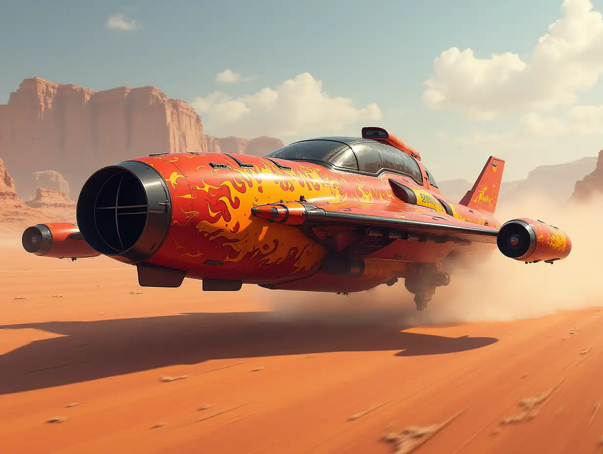 Creating a digital painting of a powerful, robust spacecraft with intricate flame paint job in front of a desert landscape and photorealistic attention to detail in parts and lighting.