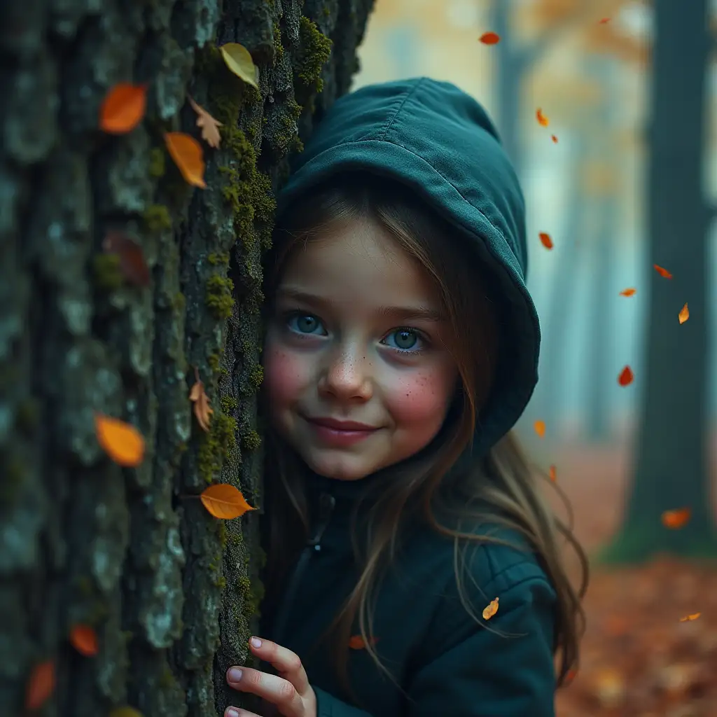 Colourful forest, mystery, fog, falling leaves, smell, a smiling girl, hiding a tree, face with freckles