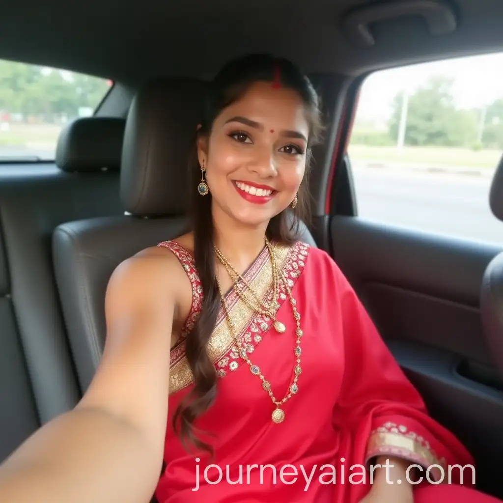 Beautiful-Indian-Girl-in-Red-Silk-Saree-Taking-Selfie-in-Car