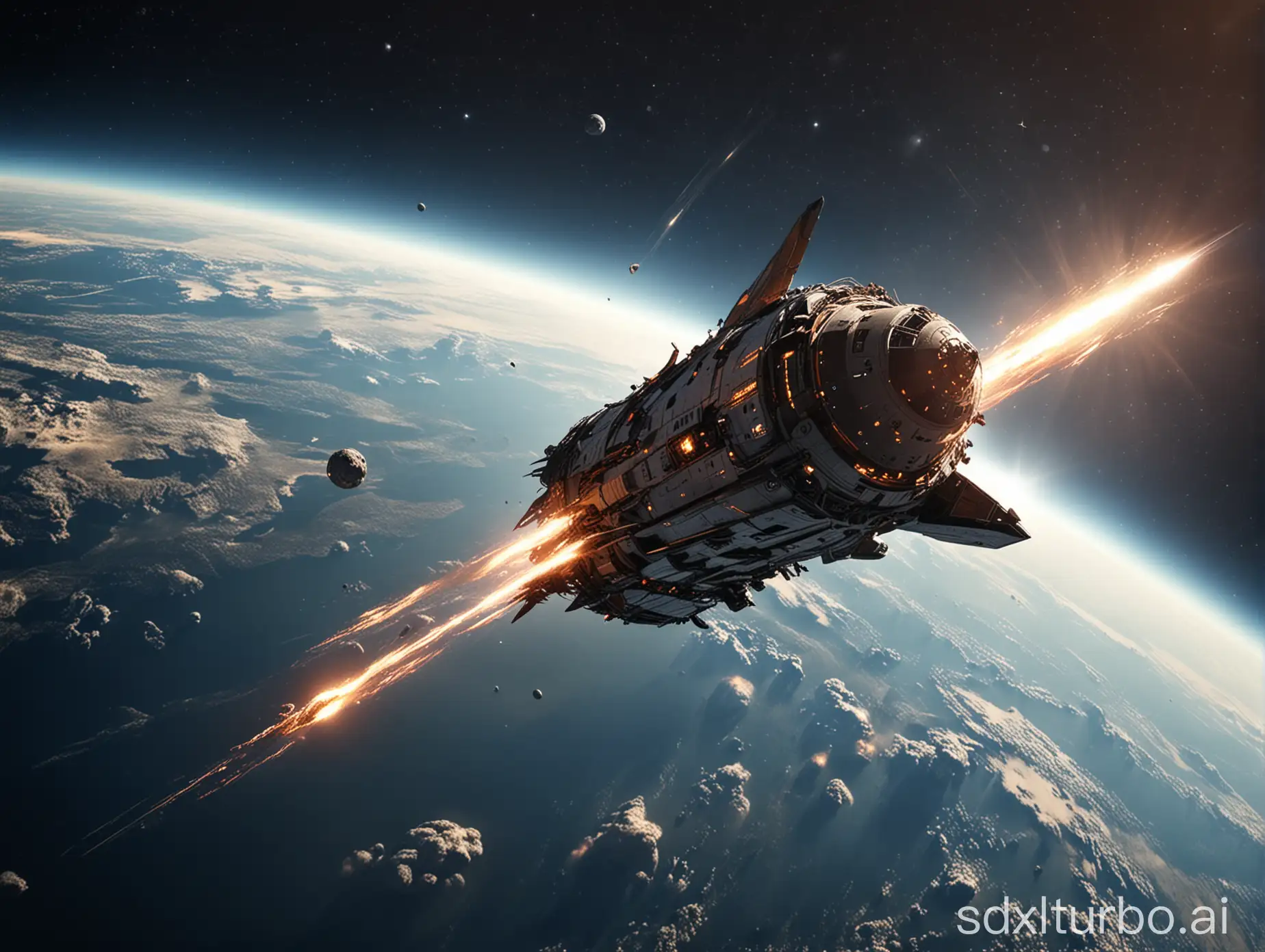 Spaceship-in-Earth-Orbit-Dodging-Meteor