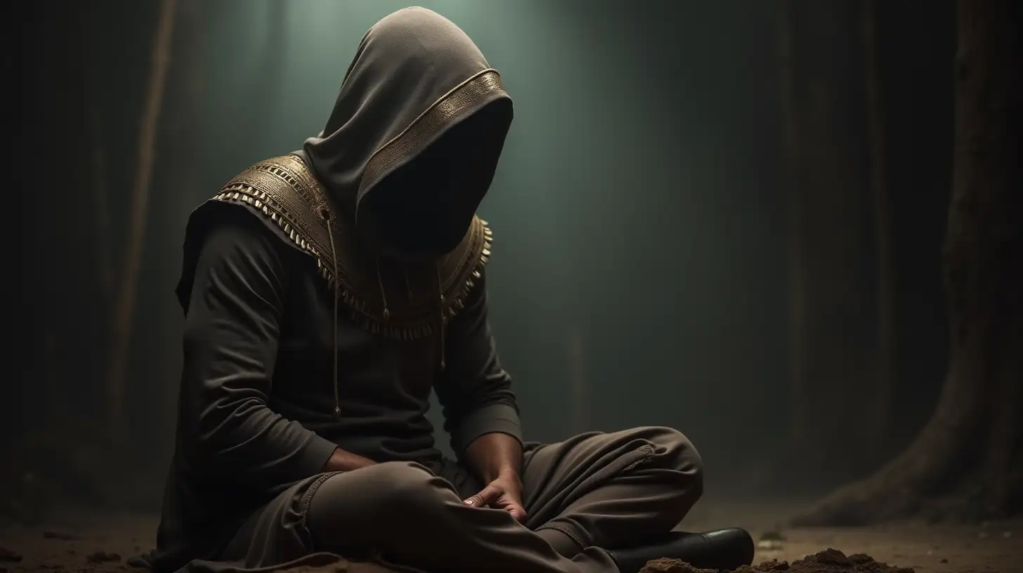 Mysterious Man in Hooded Garb Surrounded by Egyptian Darkness