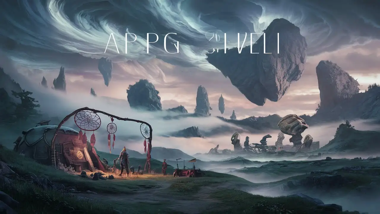 Stylized ARPG Video Game Cover Art Alien World Misty Highlands with Swirling Maelstrom and Ancient Alien Relic Discovery