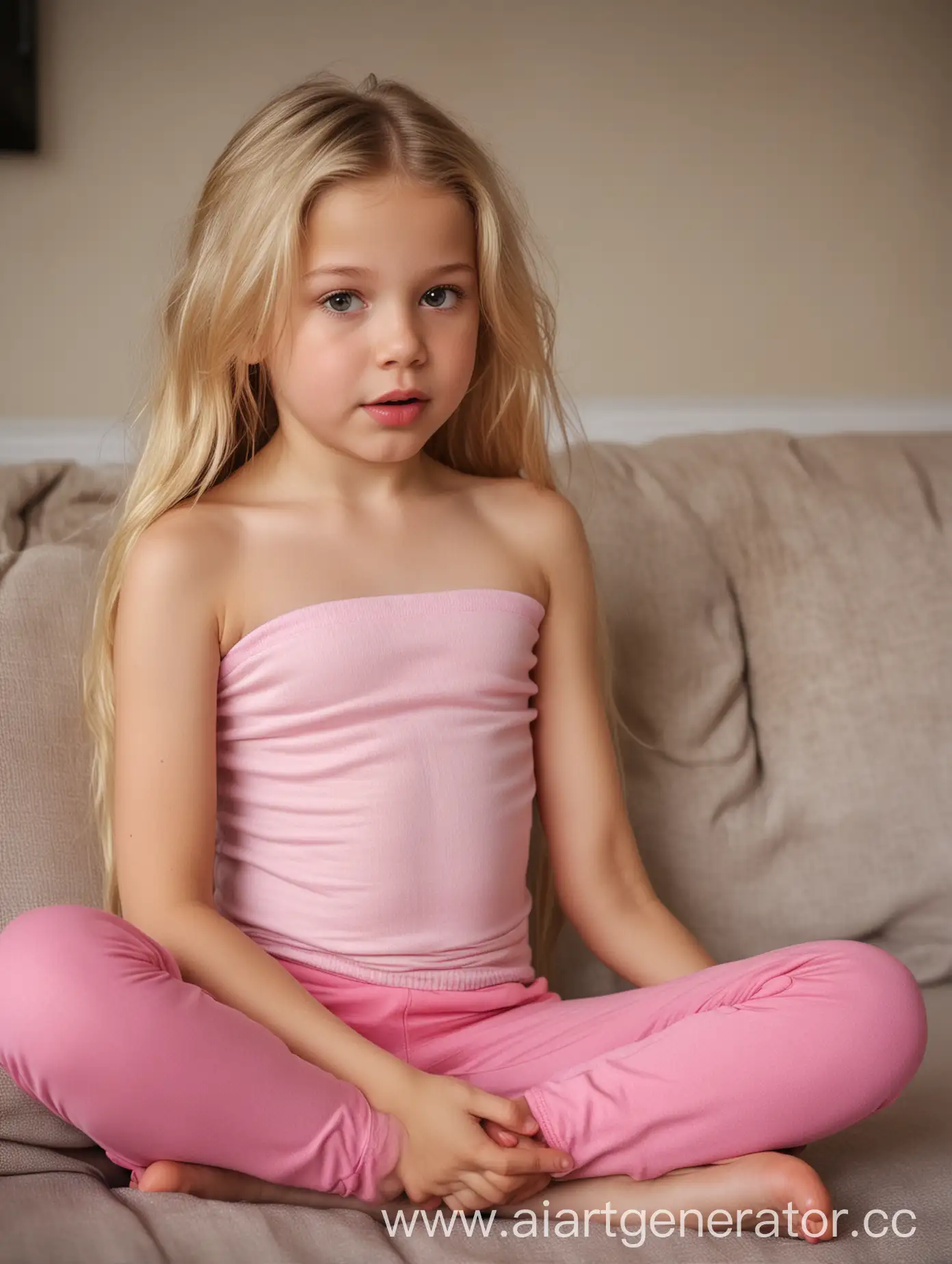 Beautiful-10YearOld-Girl-in-Pink-Yoga-Pants-Expressing-Pain-on-Sofa