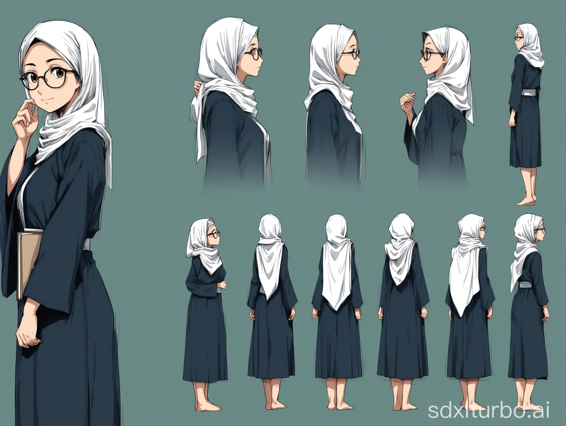 character sheet, with different shot size (closeup, full body, side view) newcomer to the company's workplace, freshly graduated female college student, glasses, hijab, Japanese manga style, oriental face, 6 action poses from different angles (at least one backside is included), required to look the same, each pose is spaced far apart from each other, each pose should be far away from each other.