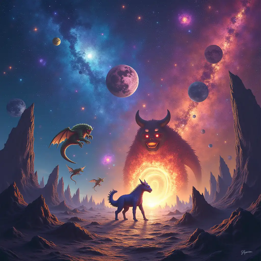 A colorful, cosmic universe full of countless galaxies. In this picture, various creatively designed monsters appear from mysterious portals.nnIn the foreground, you can see a few iconic monsters in action - some are flying, others are crawling or roaring. The background is an epic setting of stars, nebulae and other galactic phenomena. The image radiates adventure, fantasy and infinite possibilities.