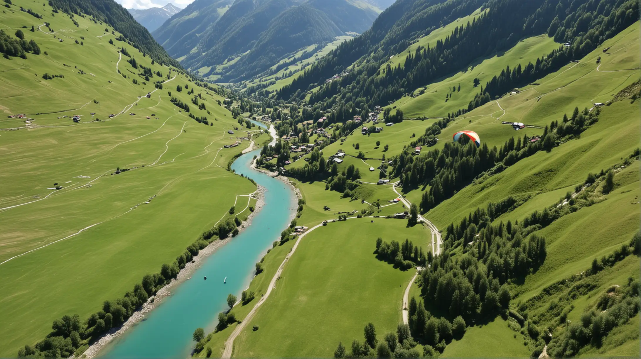 Paragliding Flight over Romantic Alps Valley in Bright Summer Weather