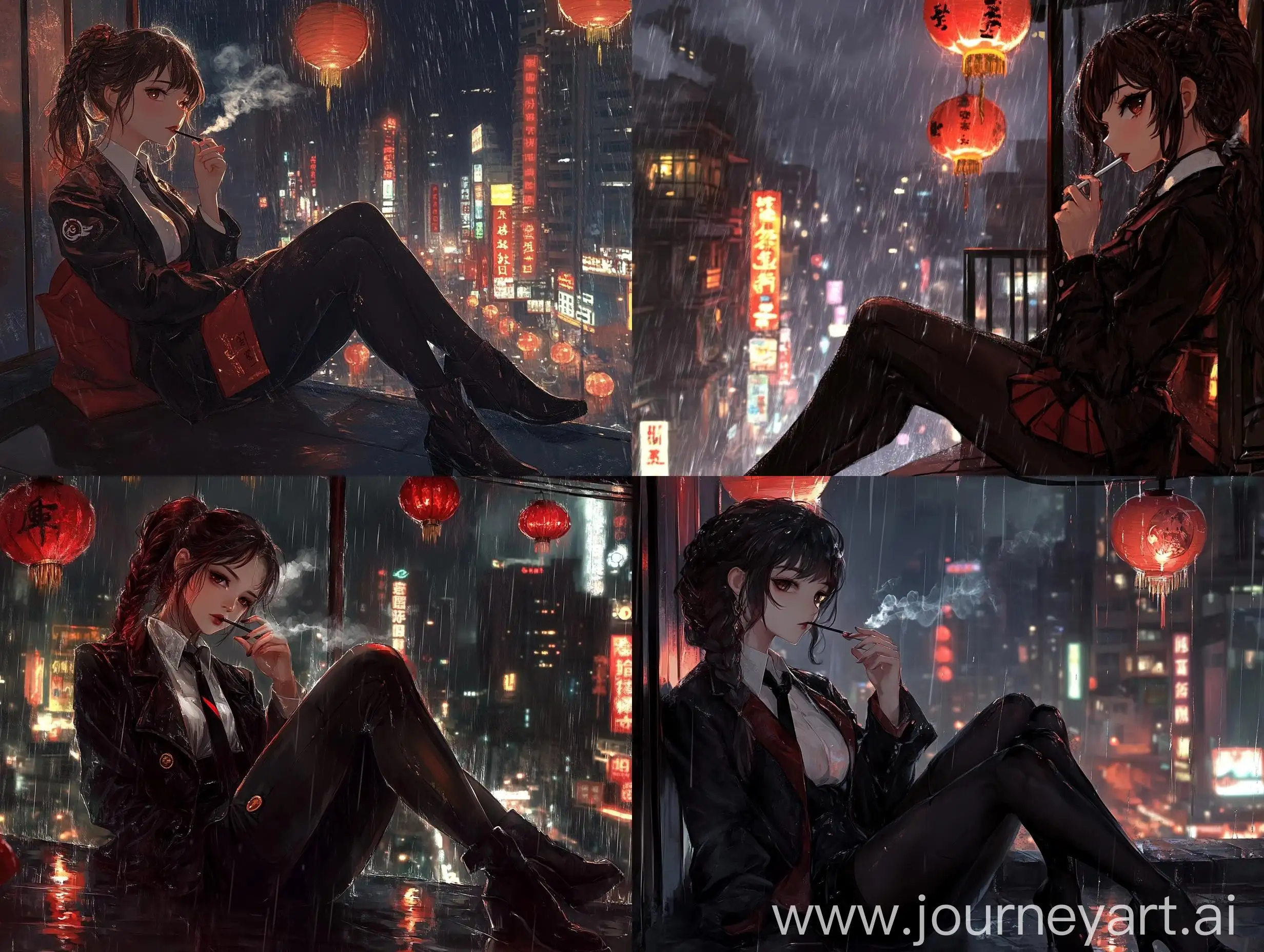 Urban-Girl-Smoking-on-Rainy-Night-Veranda-with-Chinese-Lanterns