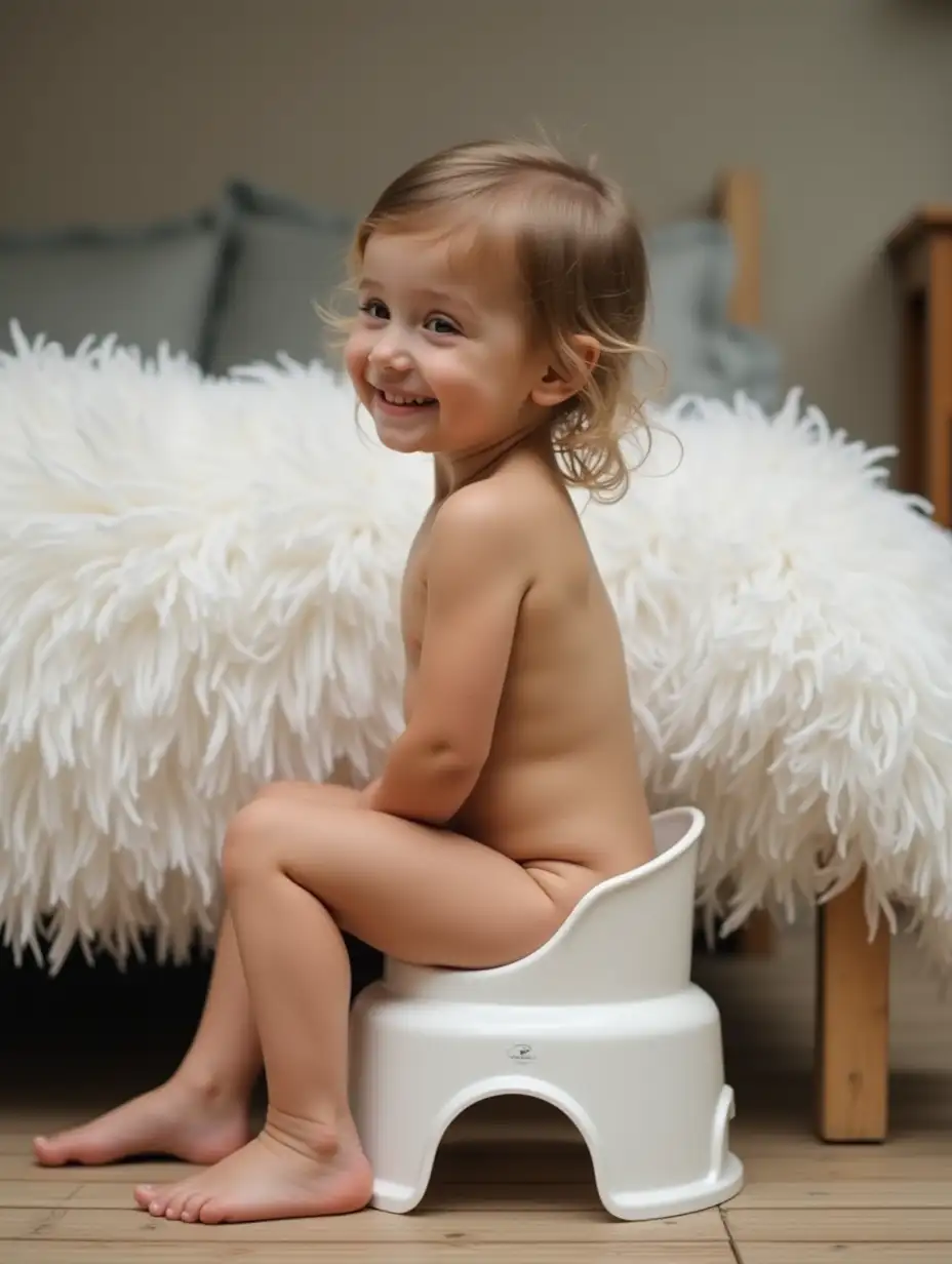 Skinny-Little-Girl-Smiling-While-Sitting-on-Potty-Chair-on-Wooden-Deck