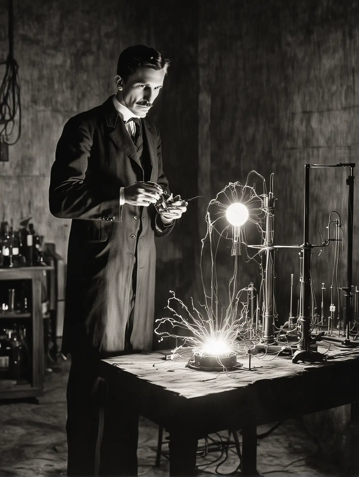 Nikola-Tesla-Conducts-Experiments-with-a-Plasma-Lamp-in-an-Underground-Laboratory