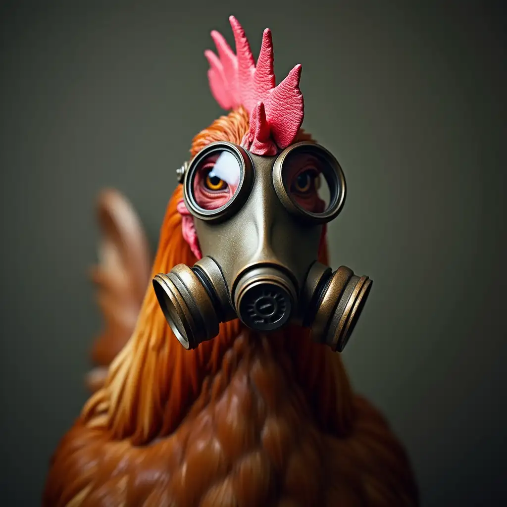 Chicken Wearing a Gas Mask in a Surreal Setting