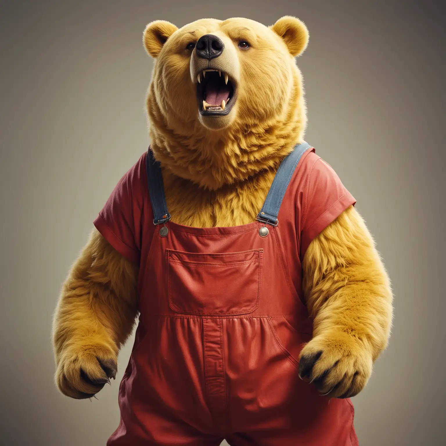 a yellow bear, mighty, giant, red bib overalls, mid age, angry, powerful 