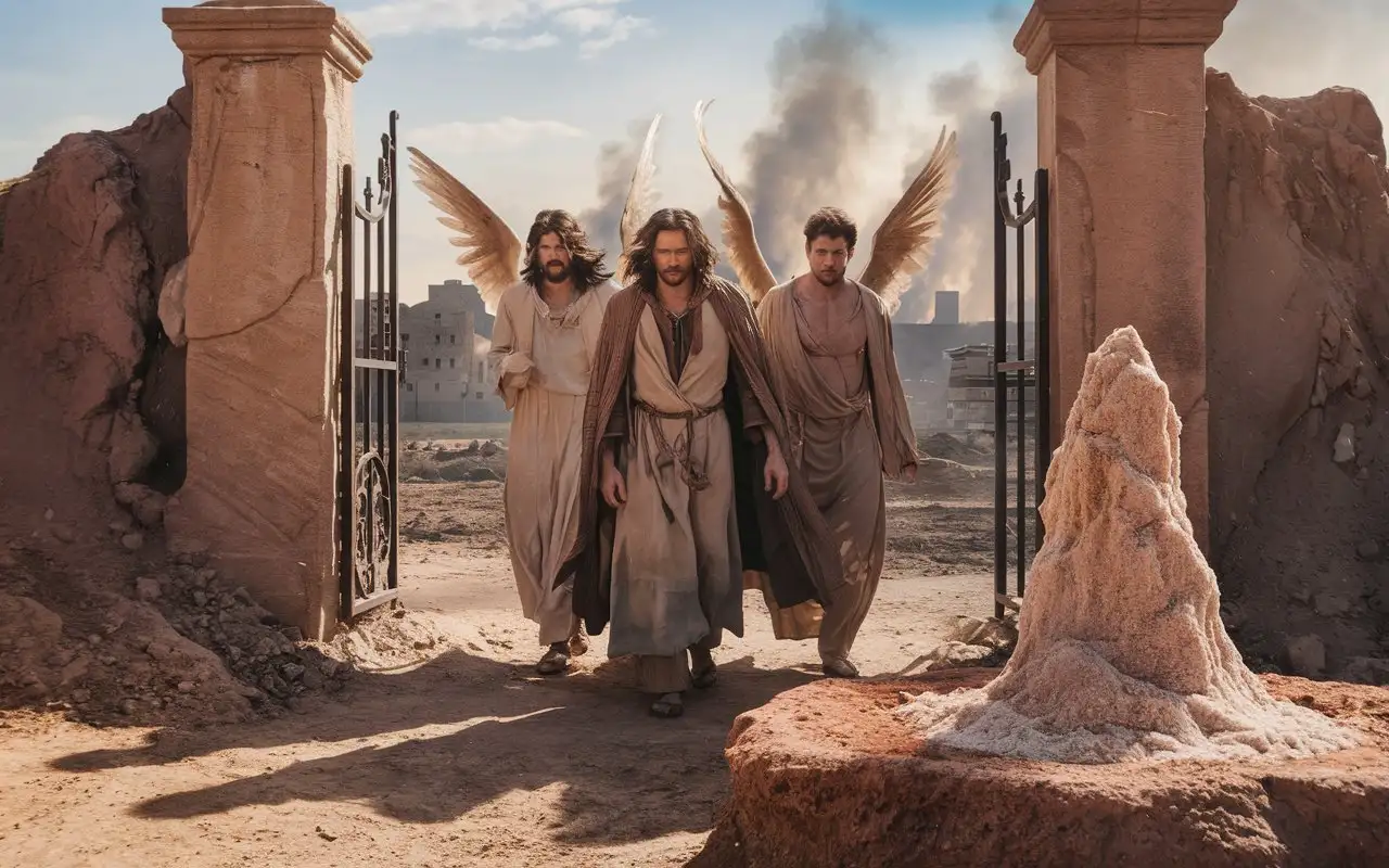 Lot the Abraham's nephew was escorted by two angels fleeing the gate of sodom, the city of sodom was totally devastated because GOD rained fire from the heaven, sadly Lot's wife became a pillar of salt as she looked back at the trial upon sodom,