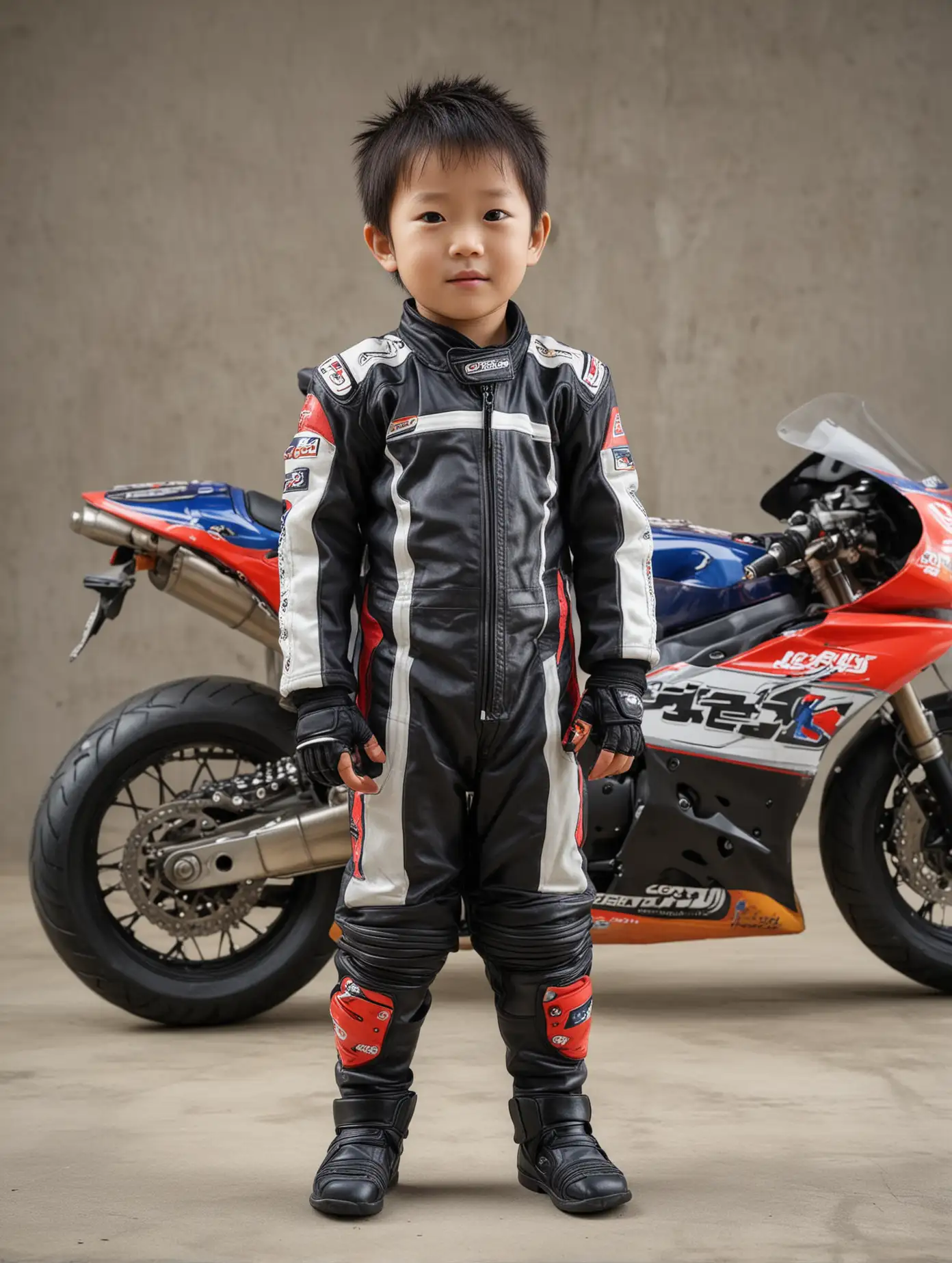 A korean little boy 4 years old, wearing racing suit, standing next to his racing motorbike, full body view