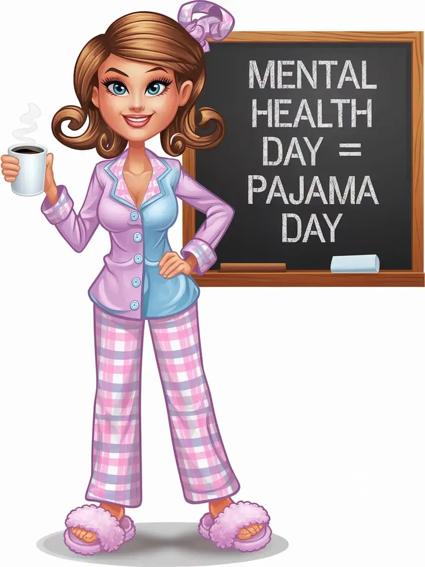 Playful Teacher in Pajamas with Coffee Cup