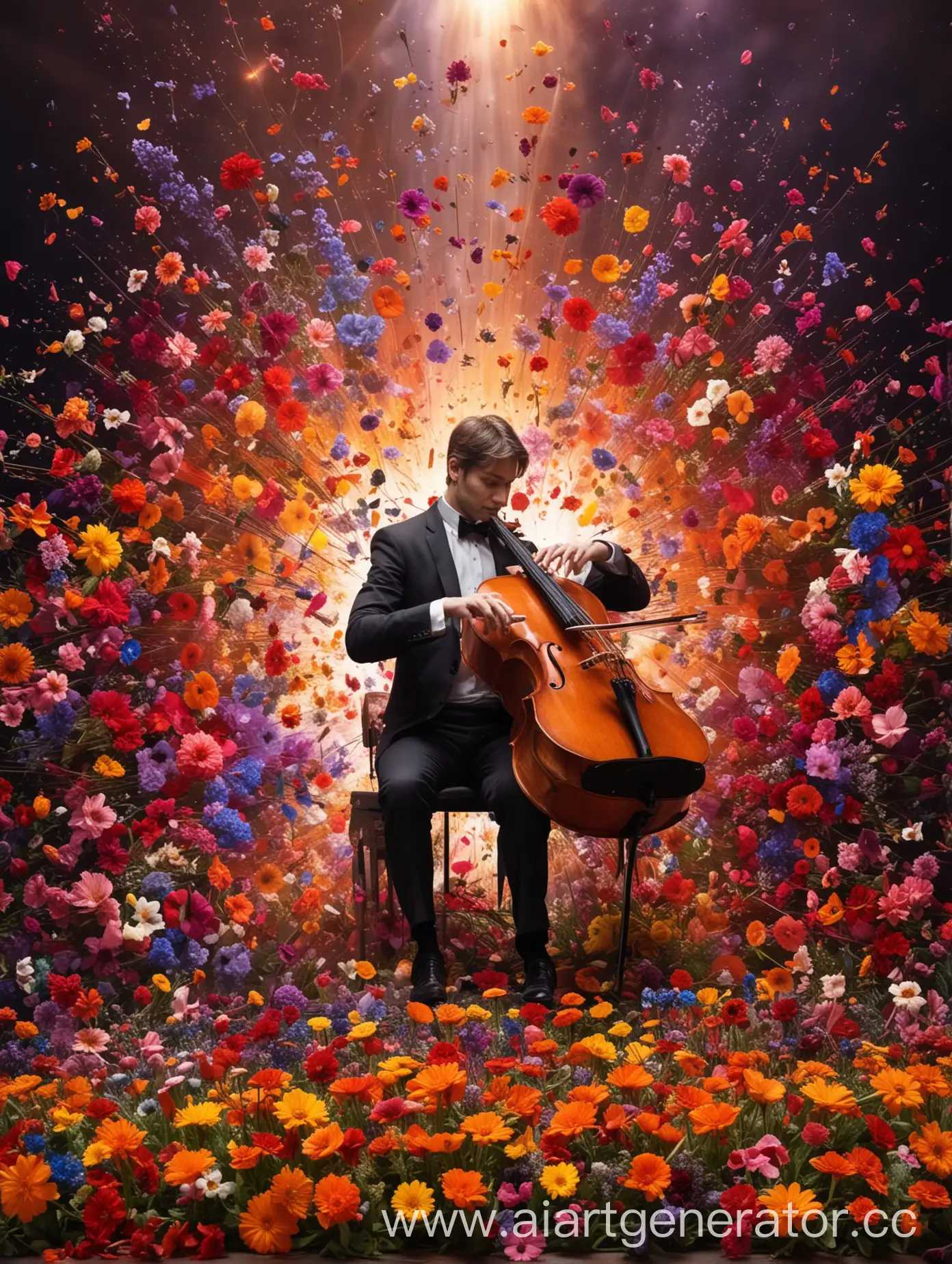 Pianist-Surrounded-by-Exploding-Multicolored-Flowers-with-Synthesizer-Cello-and-Violin