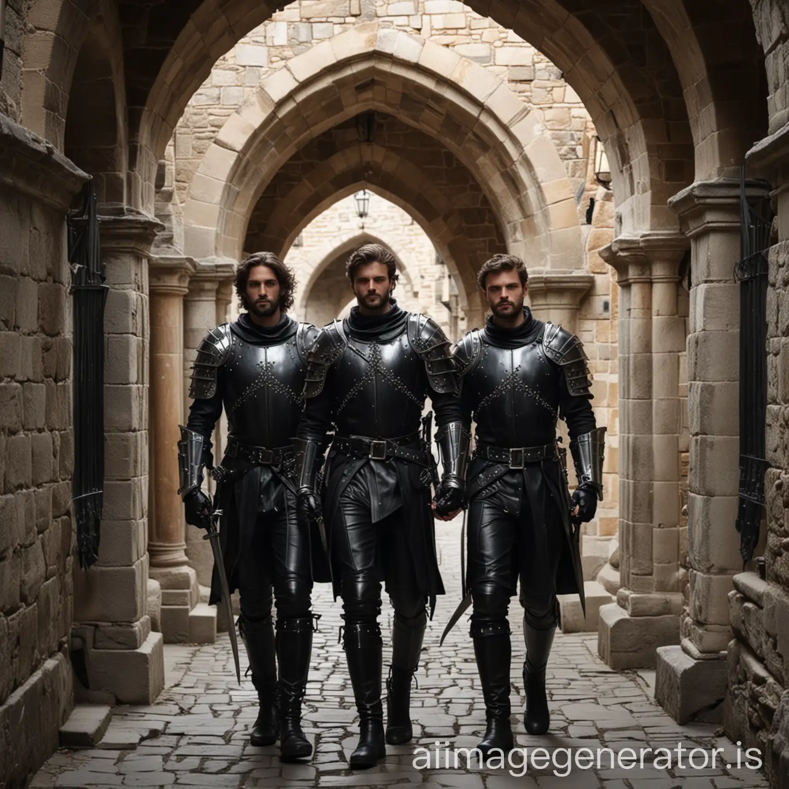 Medieval-Knights-in-Black-Leather-Armor-Entering-Castle-Gates-with-Swords