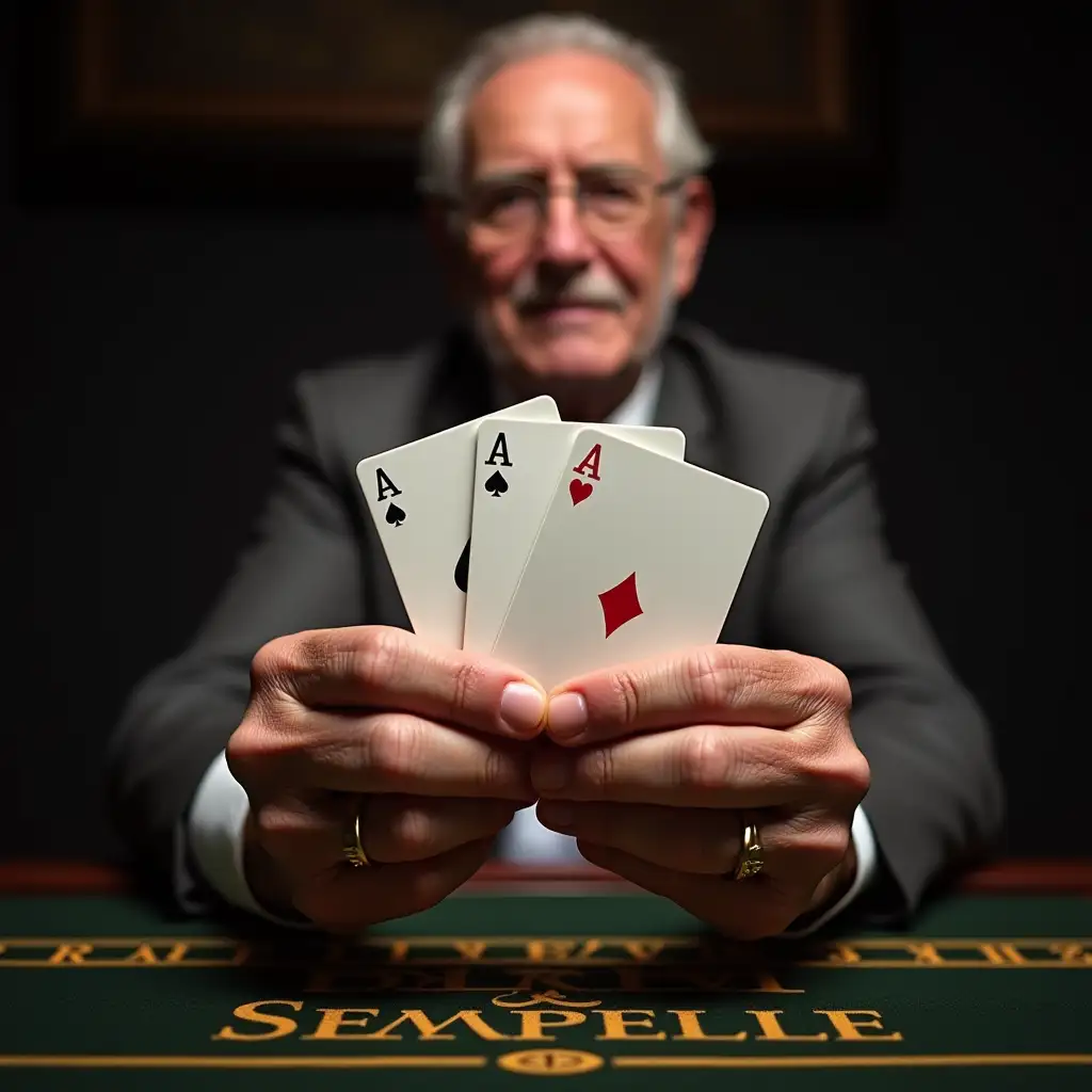 Closeup-of-an-Old-Mans-Hands-Holding-Three-Aces-Above-a-Gaming-Table