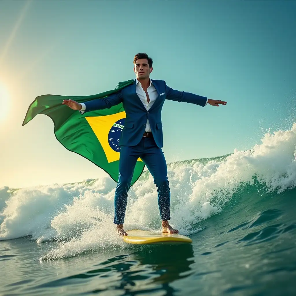 Make a realistic, frontal photo image of the YOUNG Brazilian super president in a blue suit and pants, white shirt, with a Brazilian flag cape dramatically surfing the starry green, white and blue sea at sunrise ((green, white and blue water) ) green water, red waves, red ocean, green wine sea.