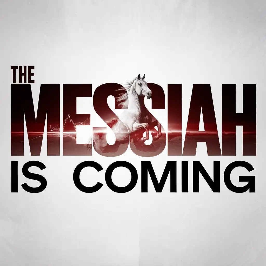 A dramatic graphic design featuring the phrase 'THE MESSIAH' in long, stretched-out horizontal typography. The text is deep red, creating an intense and powerful effect. Within the reflection of the word 'MESSIAH,' a majestic white horse emerges, symbolizing divine arrival. The presence of God is subtly depicted within the design, either as radiant light, a divine glow, or a subtle figure within the reflection. Below, the words 'IS COMING' are in bold black, creating a striking contrast. The entire design is set against a clean, all-white background, enhancing the dramatic and spiritual impact.