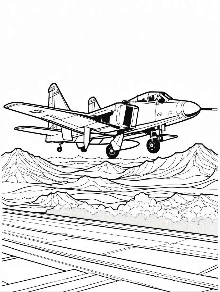 Army battle Air Craft , Coloring Page, black and white, line art, white background, Simplicity, Ample White Space. The background of the coloring page is plain white to make it easy for young children to color within the lines. The outlines of all the subjects are easy to distinguish, making it simple for kids to color without too much difficulty