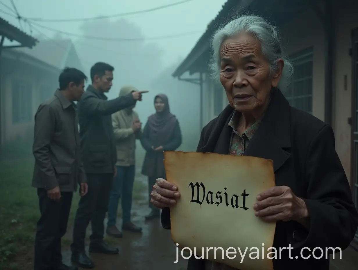 Elderly-Woman-Holding-Wasiat-Document-Amid-Family-Tension-in-Misty-Terraced-House