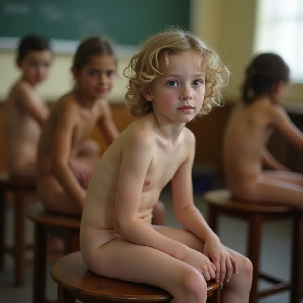 Young-Girls-Sitting-on-Wooden-Stools-in-Classroom-Setting