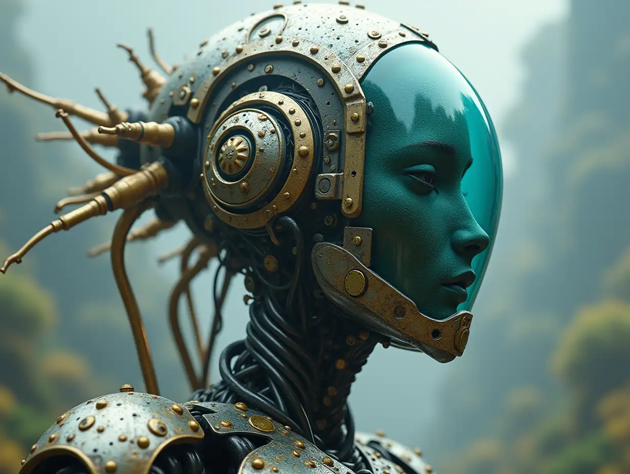 Create a high-resolution, realistic image of the 50 meter artificial intelligence monster robot with a glass head, gold screws with many metal plants, on the Veus with aliens 4k resolution with   