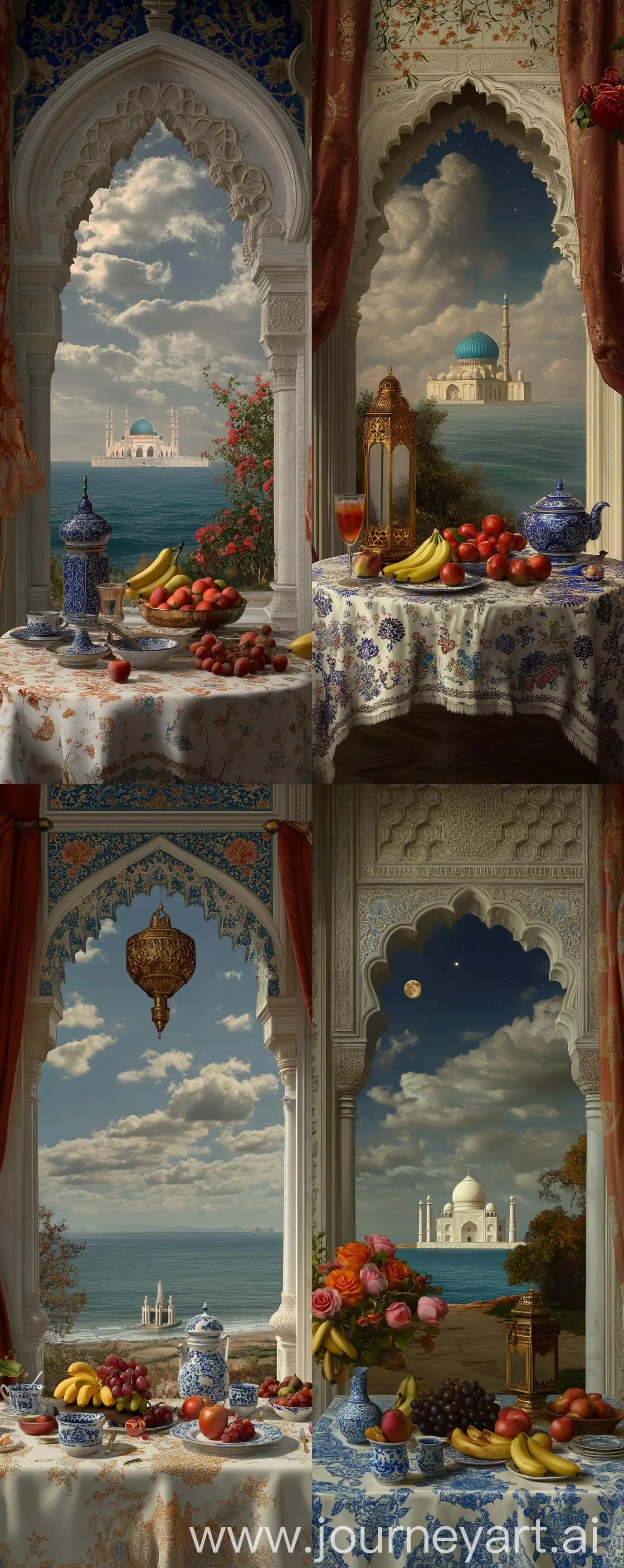 PersianTiled-Timurid-Arch-and-Tablecloth-of-Fruit-and-Flowers