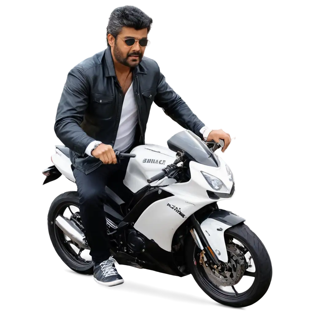 Create a realistic, cinematic video of actor Ajith Kumar coming in black color Bajaj pulsar 150 cc motorcycle High speed at 140 kilometres per hour, actor Ajith Kumar wearing white color shirt and white color veshti , wearing black color helmet showing face, with salt and pepper hair and beard,12 years old little girl wearing pajama running towards Ajith Kumar,some rowdies holding knife's chasing the little fair slim thin girl, actor Ajith Kumar applies sudden front brake , actor Ajith Kumar and pulsar motorcycle 180 degree right , front wheel on road back wheel on air, actor Ajith Kumar hits upcoming rowdy with his pulsar motorcycle back tyre, the rowdy falling down, actor Ajith Kumar and pulsar motorcycle also falling down and rolling , Full body, ultra long shot, drone shot , distant shot